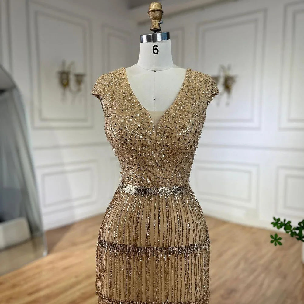 Luxury Dubai Arabic Mermaid Evening Gown with Gold Tassel Beading - Elegant Women's Wedding Party Dress 2025 (LA72581) | Perfect for Bridal Showers, Red Carpet Events & Formal Occasions