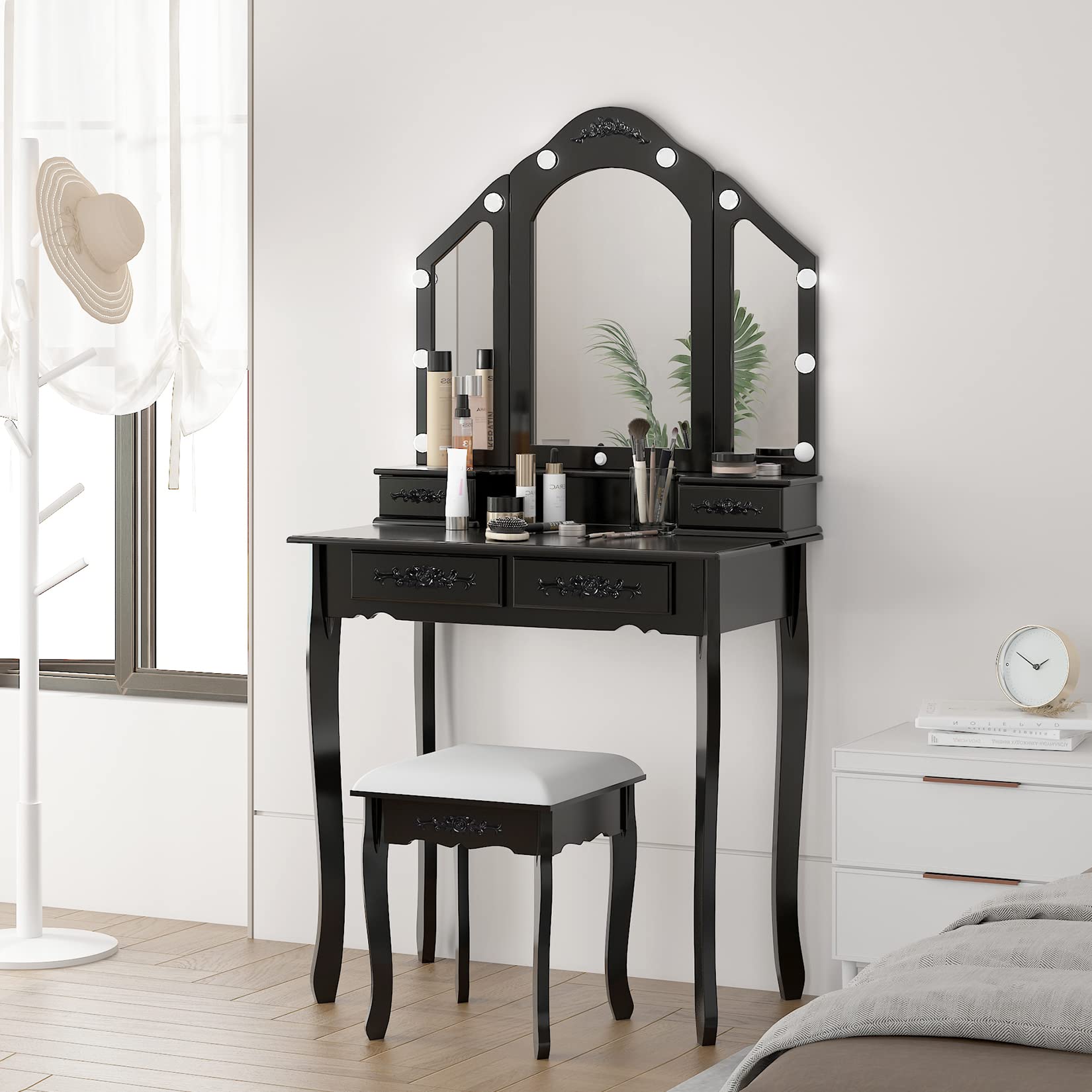 Black Makeup Vanity Desk with Mirror & 10 LED Lights - 4 Drawer Dressing Table Set for Bedroom | Perfect for Beauty Routine, Makeup Application & Home Decor