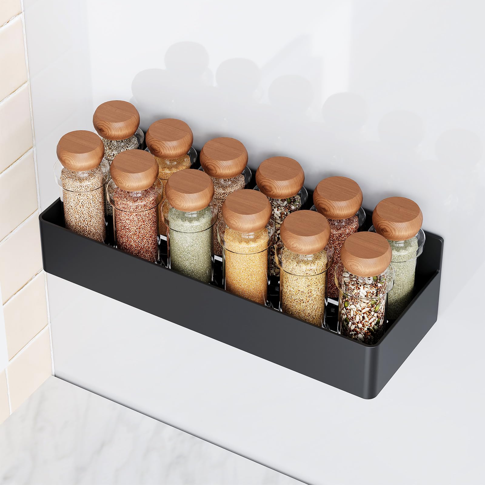 Black Magnetic Spice Rack for Refrigerator - 4 Pack Kitchen Organizer & Storage Shelf | Space-Saving Spice Jars Holder for Pantry, Cabinet, Office & Dorm Room