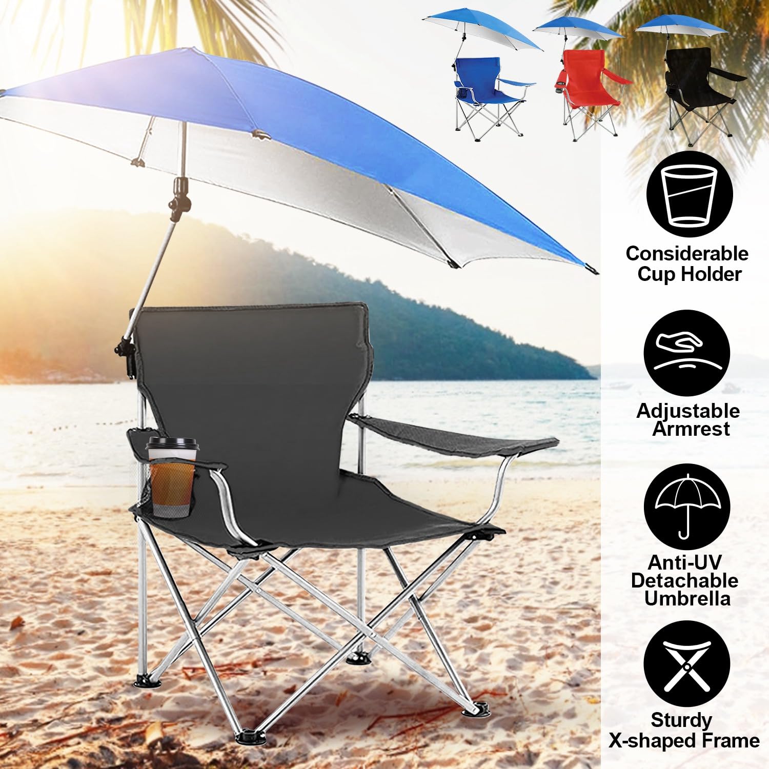 UPF 50+ Adjustable Beach Chair with Sun Umbrella - Portable Folding Outdoor Recliner for Adults, Camping, Hiking & Beach - Includes Cup Holder & Carry Bag - Supports 350 lbs (US Stock) - Perfect for Relaxing at the Shore, Poolside Lounging & Outdoor Adventures