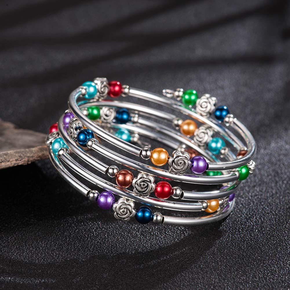 BULINLIN Rose Beaded Bracelet with Natural Agate Stone - Elegant Wrap Bangle Jewelry for Women | Perfect Gift for Birthday, Anniversary & Special Occasions