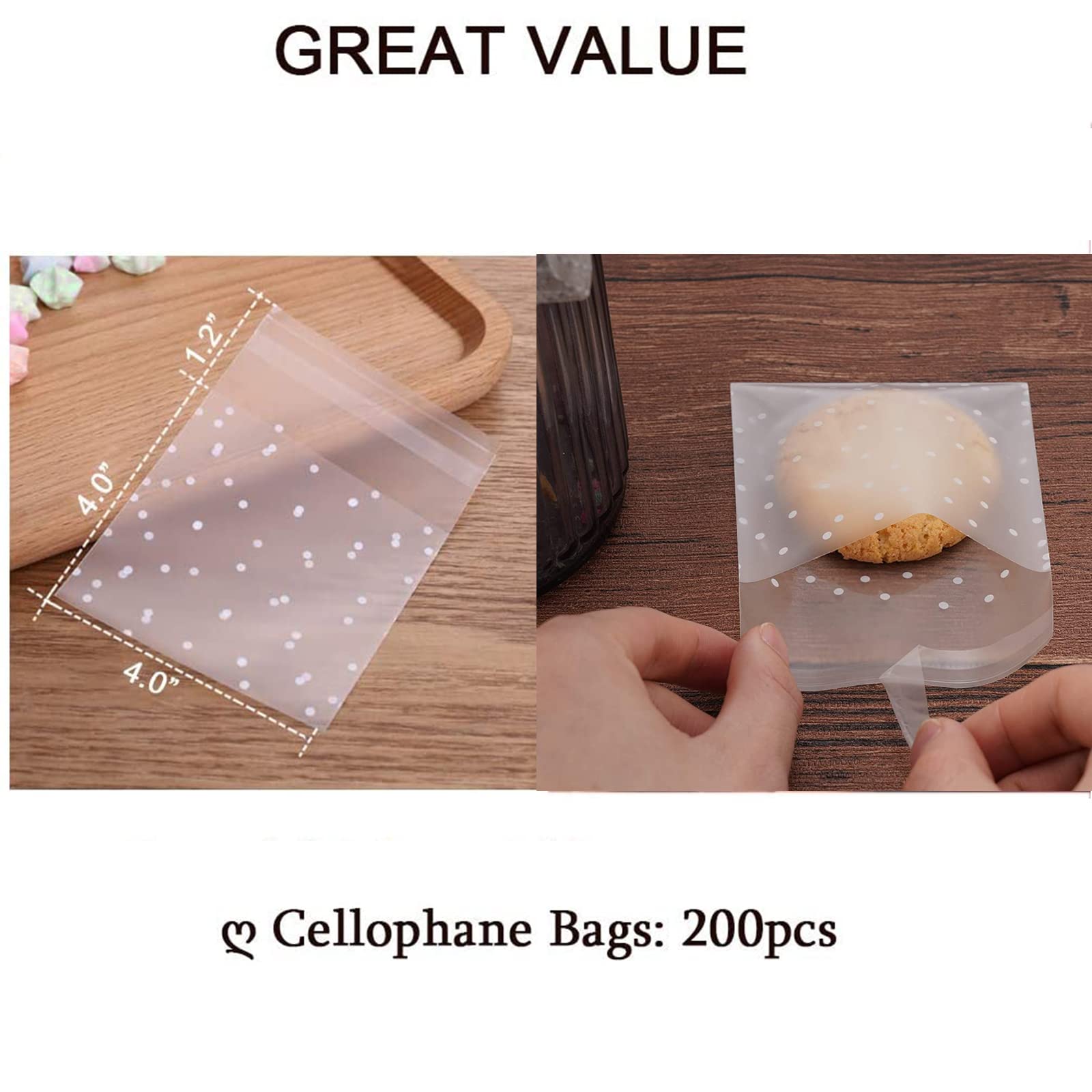 200pcs Resealable Cellophane Bags 4x4 inch - Self Sealing Plastic Bags for Bakery, Candles, Soap & Cookies - Perfect for Food Storage, Party Favors, Wedding Treats & Small Crafts Packaging