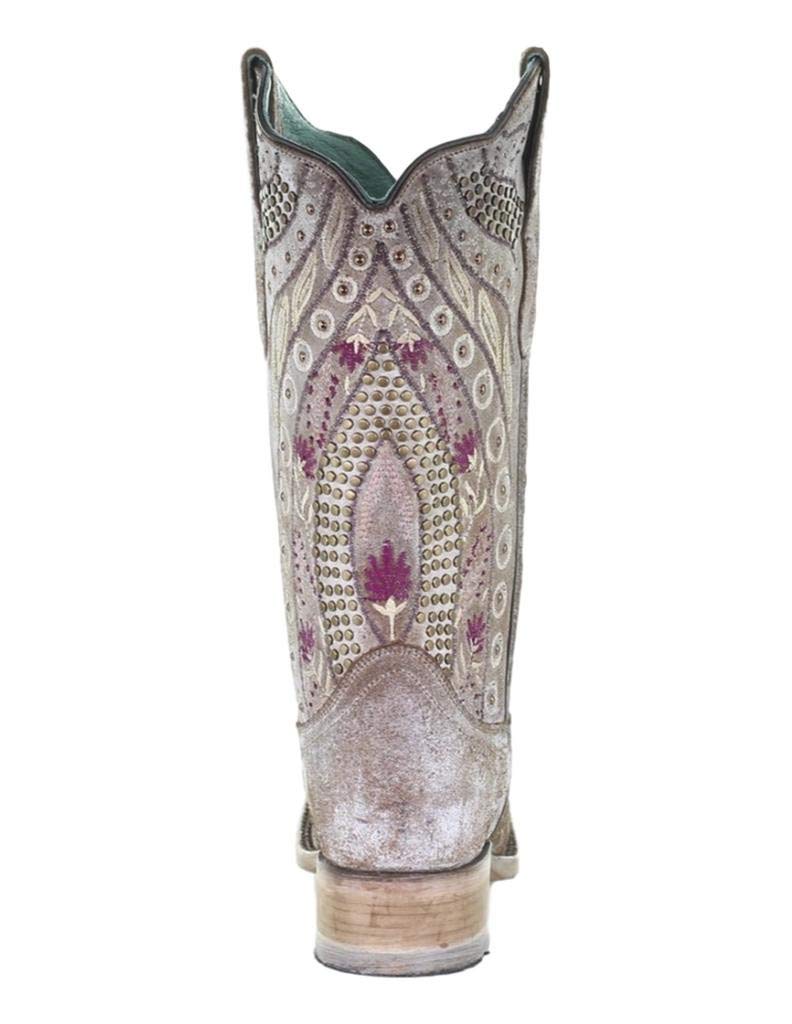 Women's Corral Mauve Studded Floral & Crystal Embellished Square Toe Western Boots E1520 - Perfect for Country Dancing, Rodeos & Western Fashion Outfits