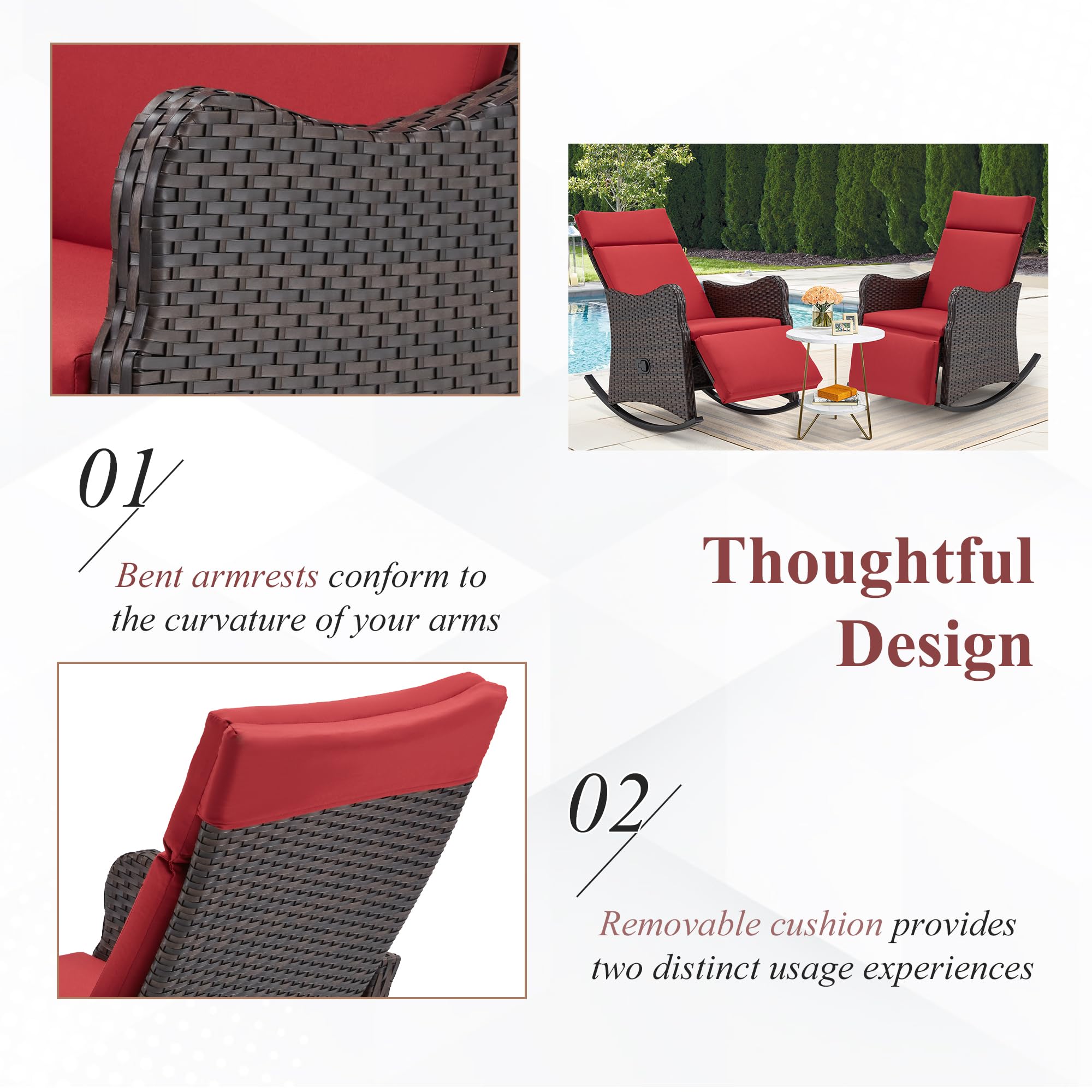 GYUTEI Outdoor Recliner Chair - Adjustable Wicker Lounge Chair with Extended Footrest & Thickened Removable Cushion - Perfect for Patio, Garden, Balcony Relaxation - Wine Red
