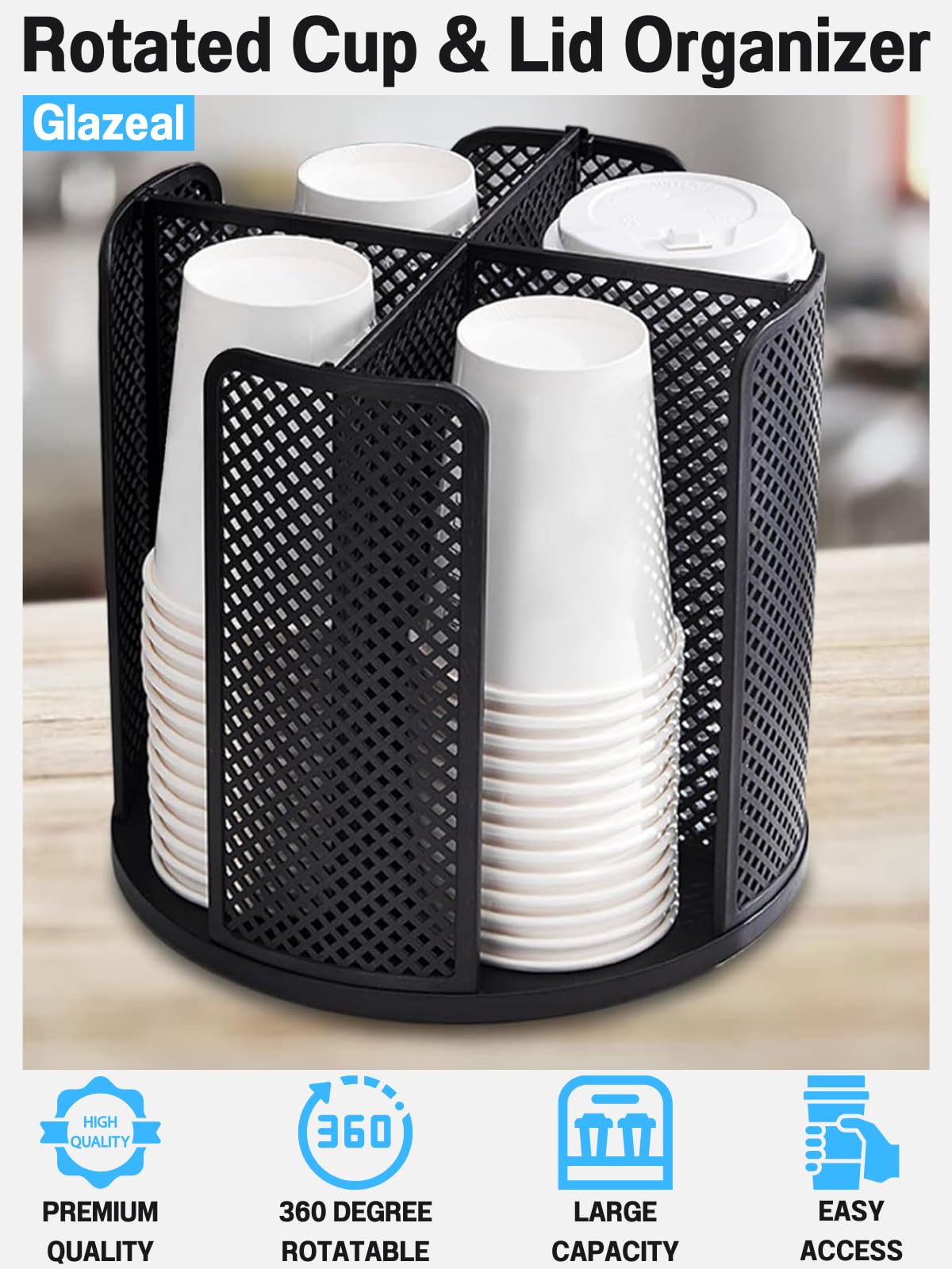 Rotatable Cup and Lid Organizer with 4 Compartments - Coffee Cup Dispenser for 5-16 oz Paper Cups - Space-Saving Storage for Home, Kitchen, Coffee Shop, Restaurant, Bar & Office - Perfect for Organizing Coffee Cups, Lids & Drinkware on Countertops