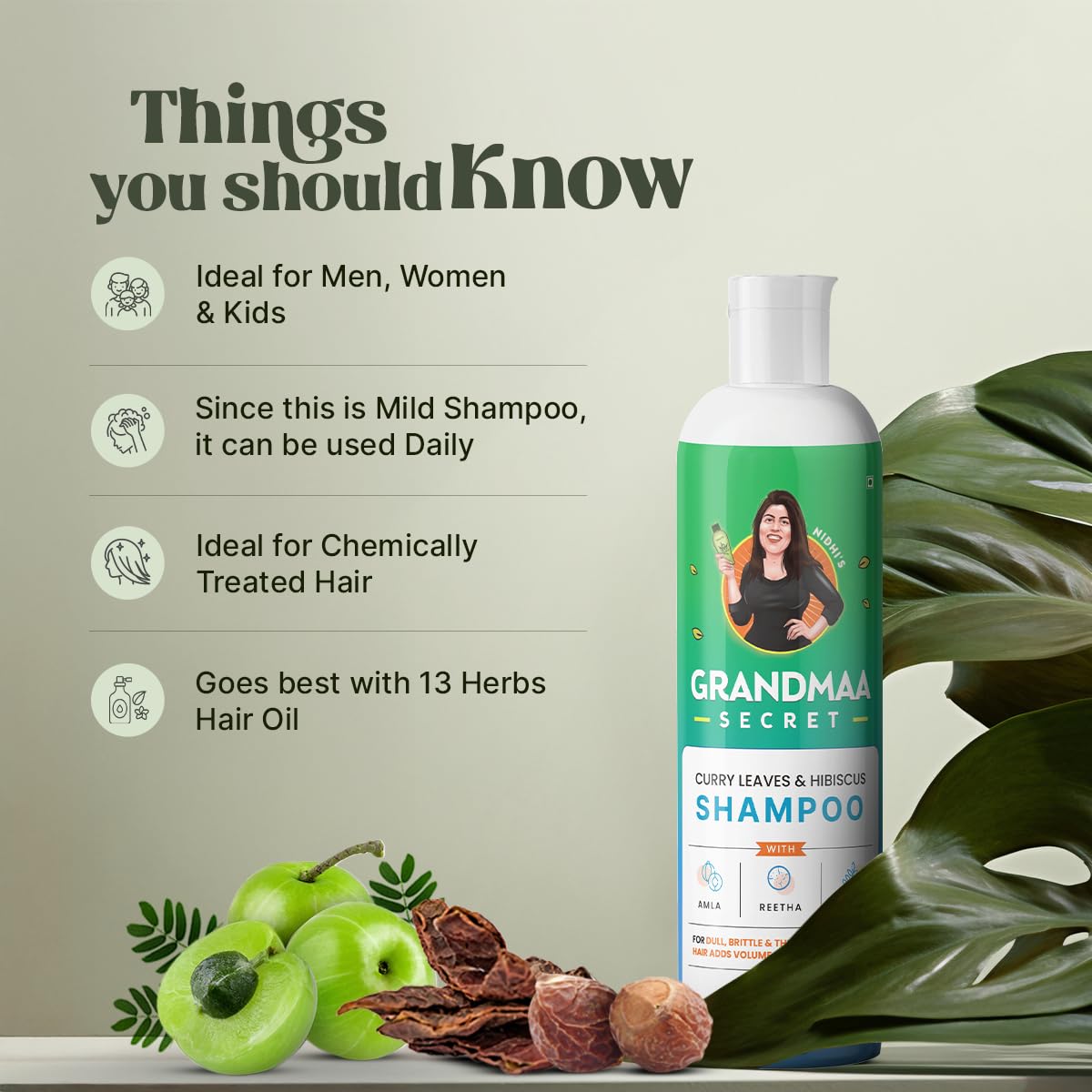 NIDHI’S GRANDMAA SECRET Herbal Shampoo for Hair Fall Control | Natural Anti-Dandruff Shampoo with Curry Leaves & Hibiscus | Frizzy & Damaged Hair Repair | Paraben & Sulphate Free | 200mL | Perfect for Daily Hair Care Routine at Home or Salon