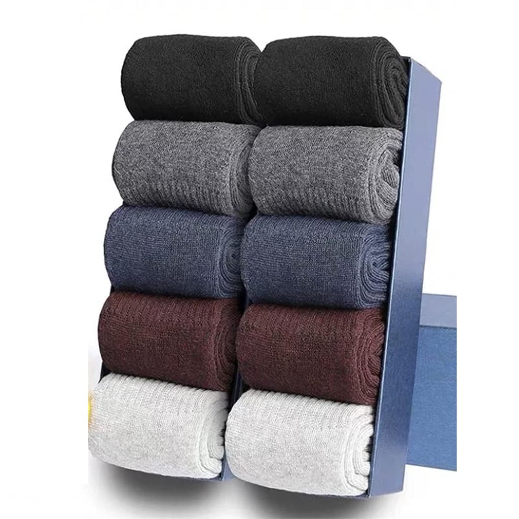 ZYKBB 10 Pairs Men's Cotton Socks - Business Casual Fleece Lined Winter Socks, Medium Length Warm Terry Crew Socks for Autumn & Winter (Size 37-44, Color A) - Perfect for Office, Travel & Cold Weather Comfort