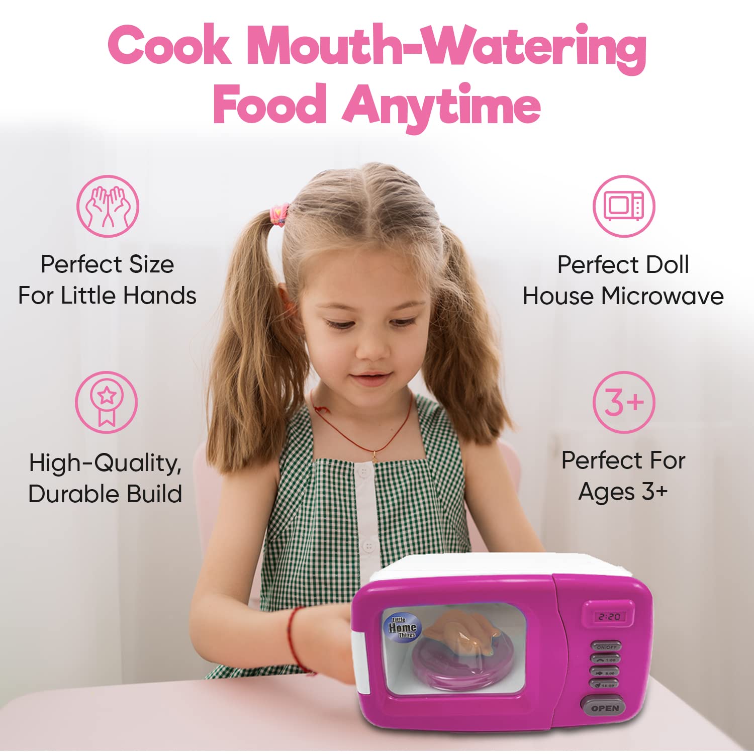 Misco Toys Kids Pretend Play Microwave Oven - Realistic Light & Sound Effects, Interactive Kitchen Toy Set for Toddlers Ages 3+ (Pink) | Perfect for Role Play, Birthday Gifts & Early Learning Development