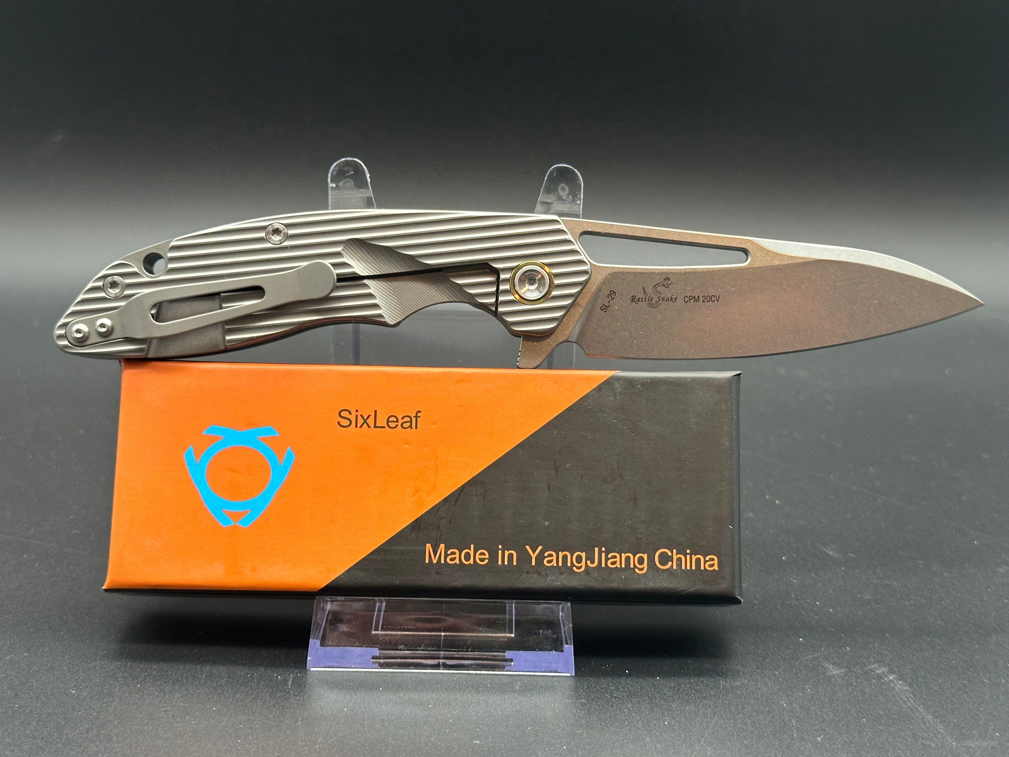 SIXLEAF SL 29B Rattlesnake Design Titanium Pocket Knife - CPM 20CV Blade Steel | EDC, Outdoor Camping, Hunting & Survival Gear