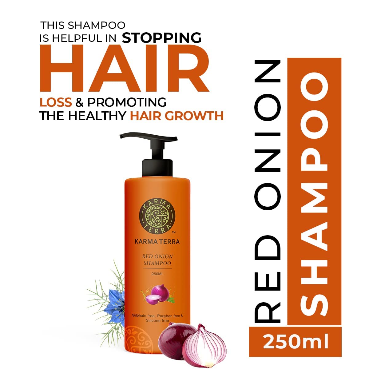 KARMA TERRA Professional Red Onion Shampoo for Hair Growth & Hair Loss Prevention - Natural Red Onion Seed Oil & Black Seed Oil Extract, Chemical-Free Formula (250ml) - Ideal for Thinning Hair & Scalp Care