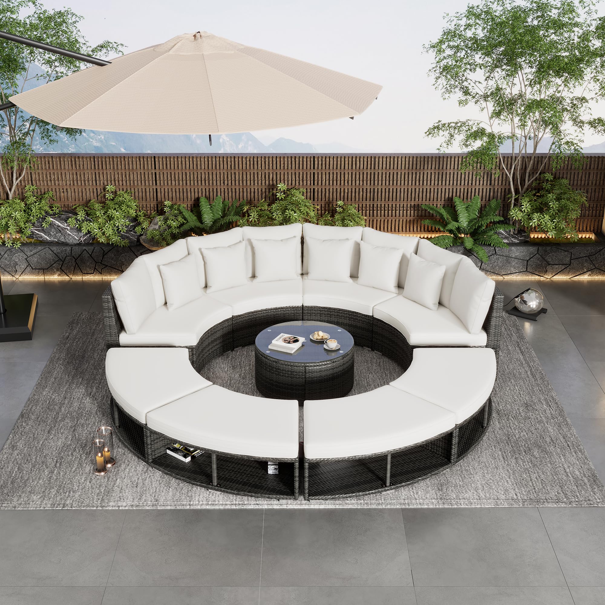 Luxury 9-Piece Outdoor Patio Furniture Set - Merax Circular Rattan Wicker Sectional Sofa with Tempered Glass Coffee Table & 4 Pillows for Garden, Poolside, Backyard Relaxation