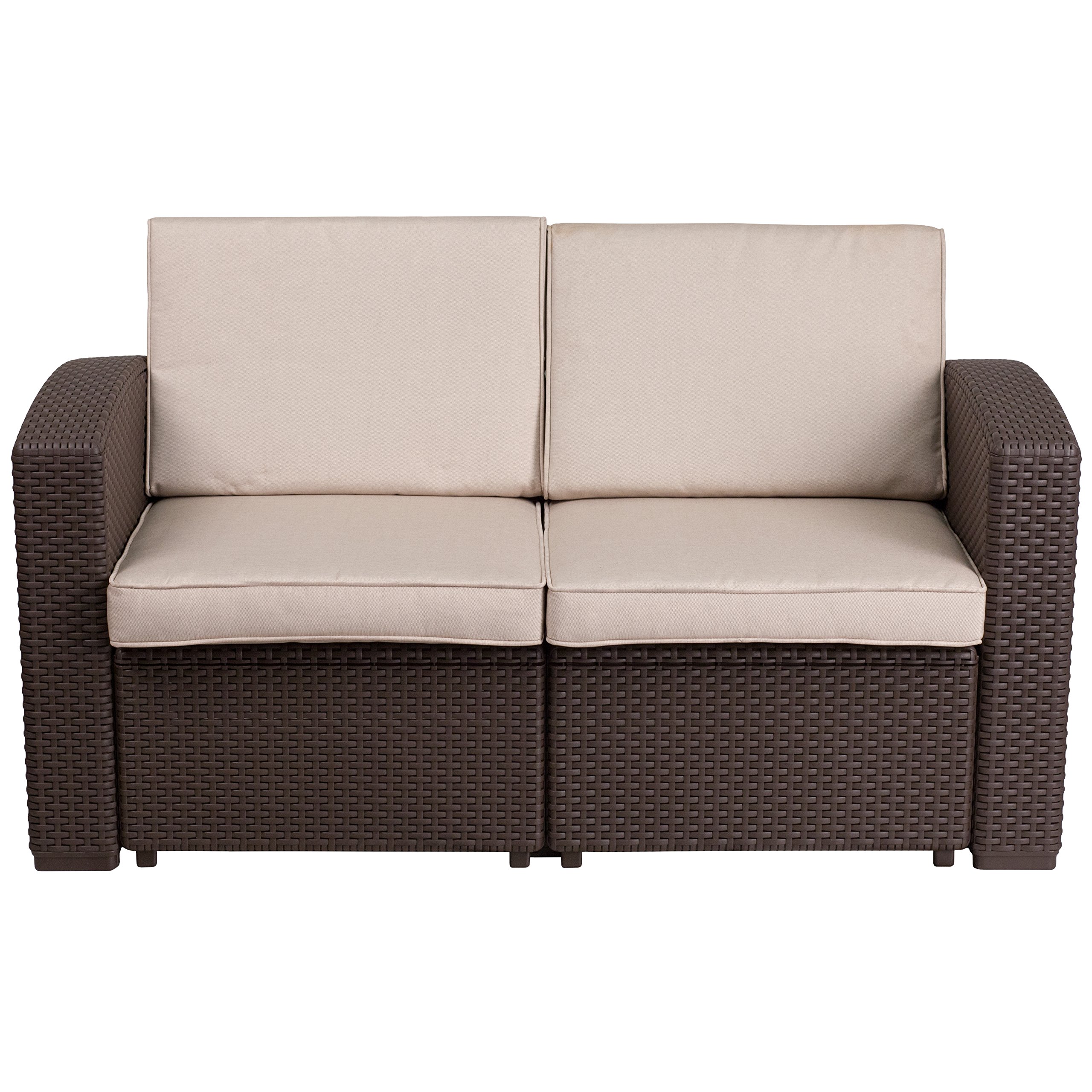 Flash Furniture Seneca Chocolate Brown Faux Rattan Loveseat with All-Weather Beige Cushions - Outdoor Patio, Garden, Poolside Seating for 2