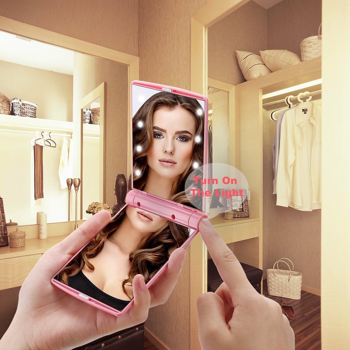 **Cassarina 8 LED Lighted Makeup Mirror – Portable Folding Travel Mirror with Adjustable Brightness, Perfect for Teen Girls, Women & Kids (Pink) – Ideal for Home, Travel & Dorm Essentials**