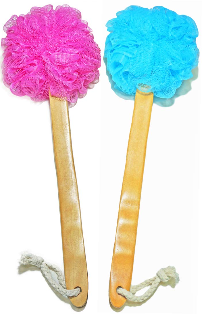 Exfoliating Loofah Bath Brush with Long Wooden Handle - Shower & Back Scrubber for Men & Women - Body Wash & Lotion Applicator (2-Pack, Blue & Red) - Perfect for Deep Cleansing & Skin Exfoliation in Bath or Shower
