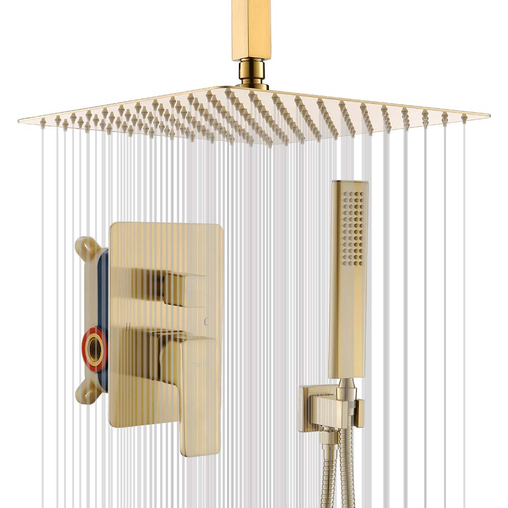 TIPOK Champagne Bronze Ceiling Shower System - High Pressure Brushed Gold Bathroom Shower Faucet with 12 Inch Rain Shower Head & Handheld Spray - Brass Mixer Valve - Luxury Shower Set for Spa-Like Bathroom Experience - Perfect for Master Bath, Guest Bath & Hotel Renovations
