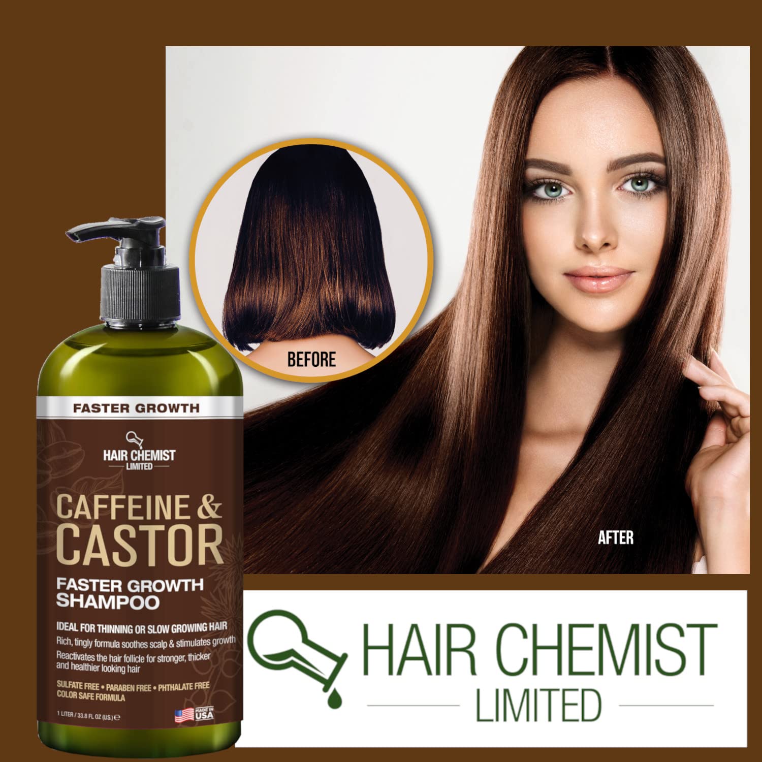 Hair Chemist Caffeine & Castor Oil Shampoo for Faster Hair Growth - 33.8 oz Sulfate-Free Formula | Thickening & Volumizing Shampoo for Men & Women | Daily Use for Healthy Hair Regrowth & Scalp Care