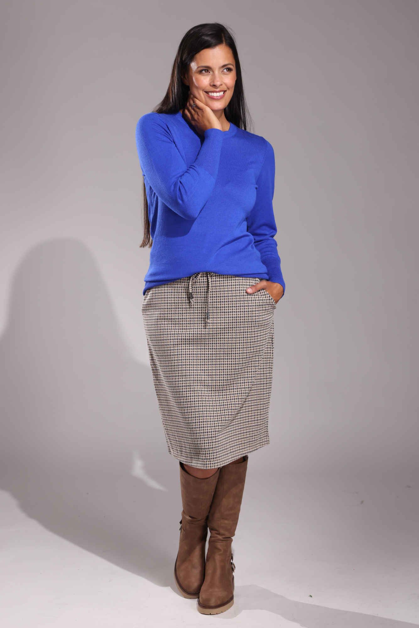 Pull on Jacquard Ponte Skirt for Women - Navy/Mocha Color | Comfortable Stretch Fabric, High Waist, A-Line Design | Perfect for Office, Casual Wear & Special Occasions