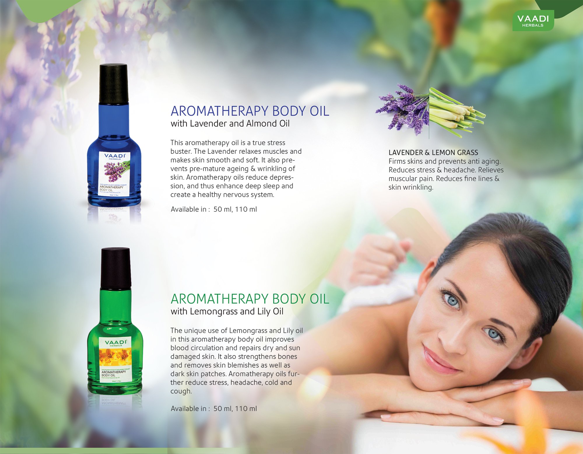 Vaadi Herbals Lavender & Almond Aromatherapy Body Oil - 110ml (2 Pack) for Relaxation, Massage & Skin Hydration