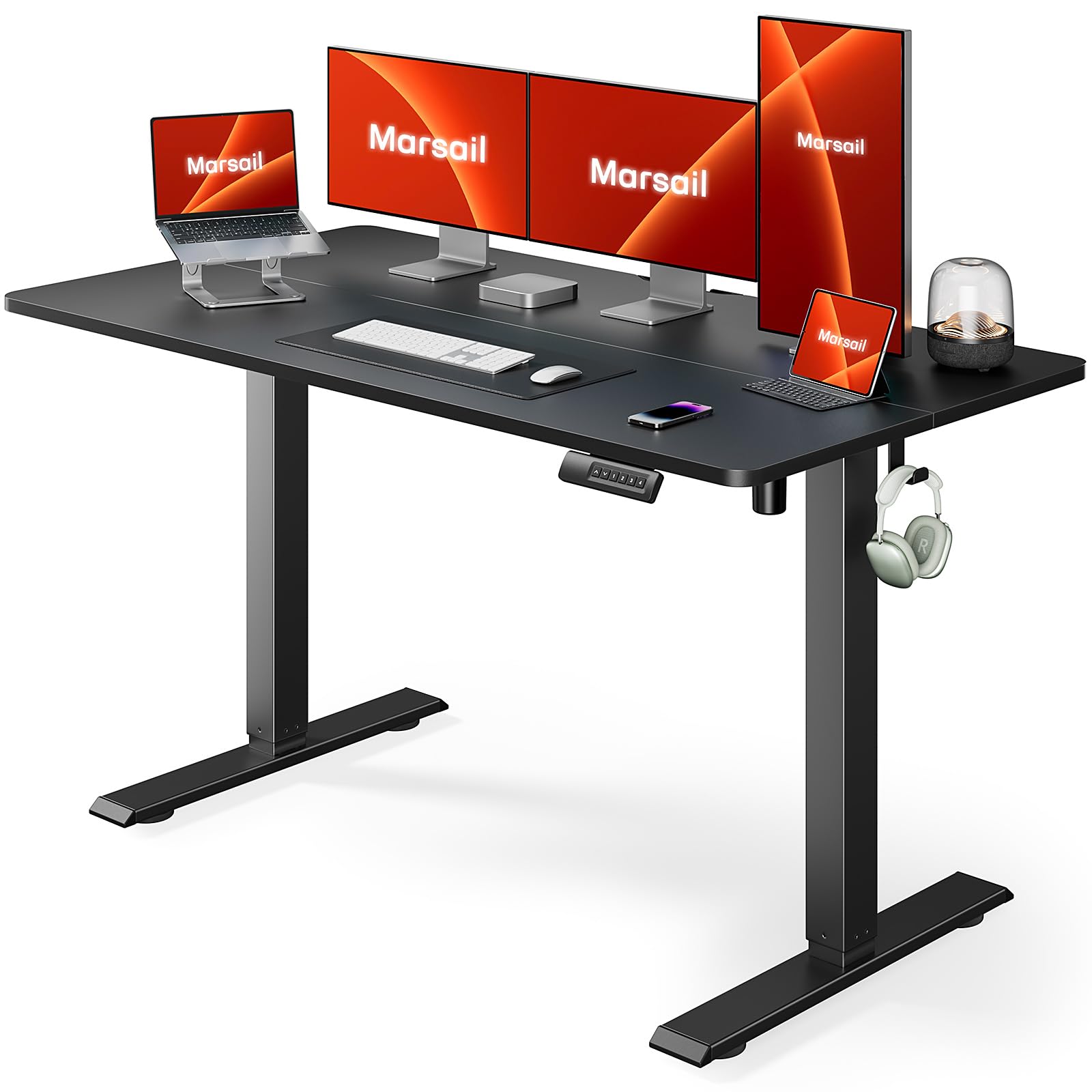 Marsail 55 x 24 Inch Electric Standing Desk with Height Adjustable Memory Preset & Sedentary Reminder - Ergonomic Home Office Desk with Headphone Hook for Work, Study & Gaming (Black)