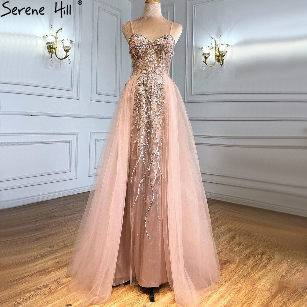 Serene Hill Pink Luxury Overskirt Evening Dress Gown 2025 - Spaghetti Strap Beaded Mermaid Formal Gown for Women - Perfect for Prom, Wedding, Gala & Special Occasions