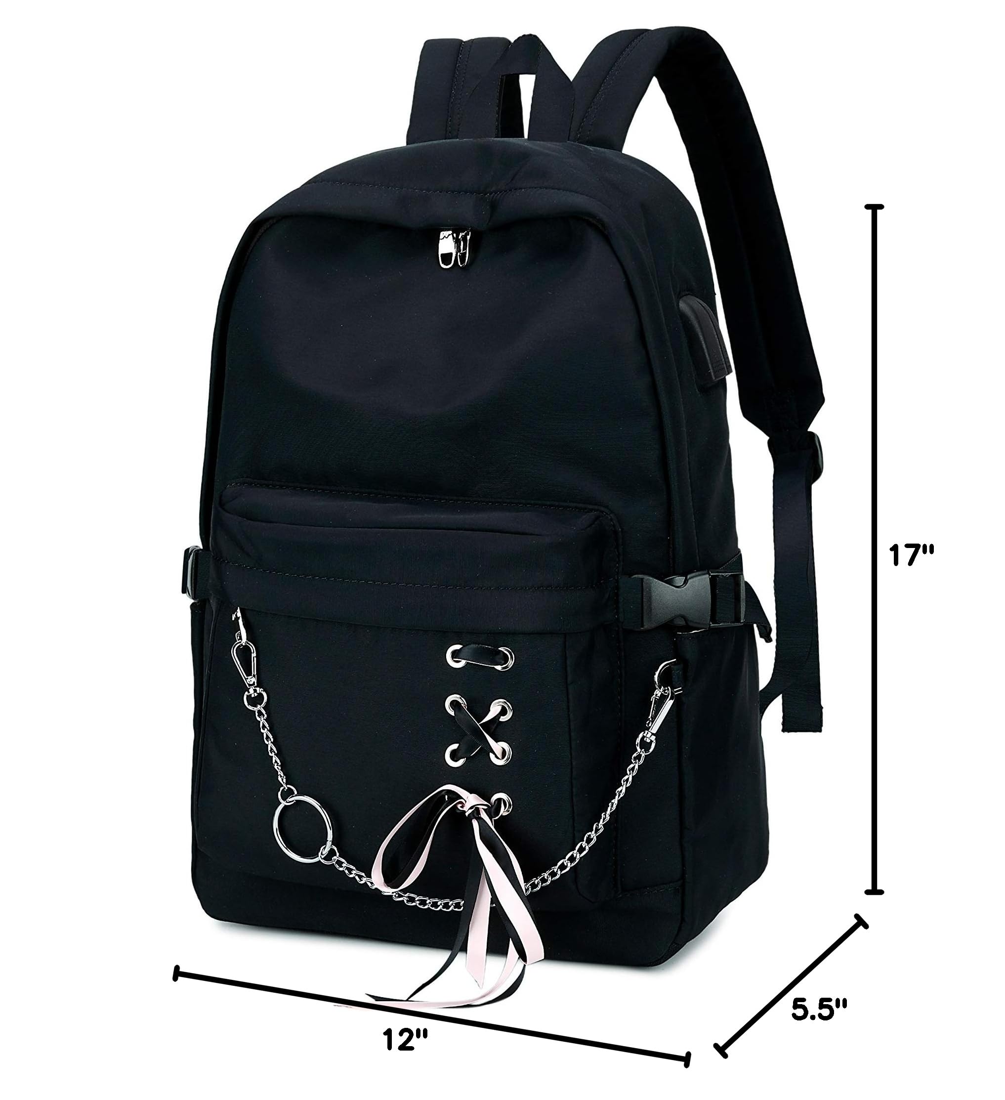 Stylish Black Classic Backpack for Women & Teen Girls - School Backpack with Chain Decor - Perfect for College, Travel & Everyday Use