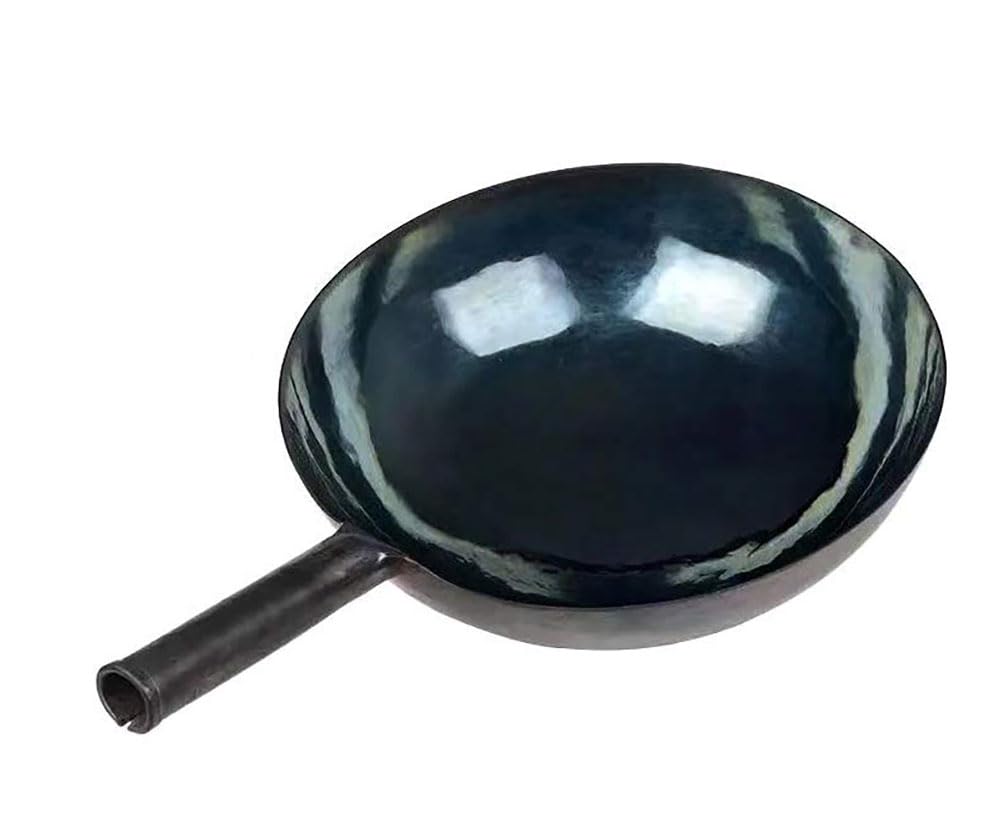 100% Hand Hammered Iron Wok Pan - 34CM Non-Stick Stir Fry Pan with Black Seasoned Wooden Handle - No Coating, Less Oil Cooking - Perfect for MasterChef & Home Chefs - Ideal for Stir-Frying, Sautéing & Asian Cuisine