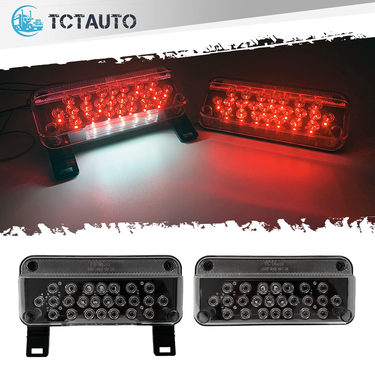 TCTAuto LED RV Camper Trailer Stop Turn Brake Tail Lights with License Plate Lighting Kit - Black Base, Clear Reflex Lens, Rectangular Surface Mount, Waterproof 12V (Left + Right Pair) - Perfect for RV, Camper, Trailer, and Boat Lighting Upgrades