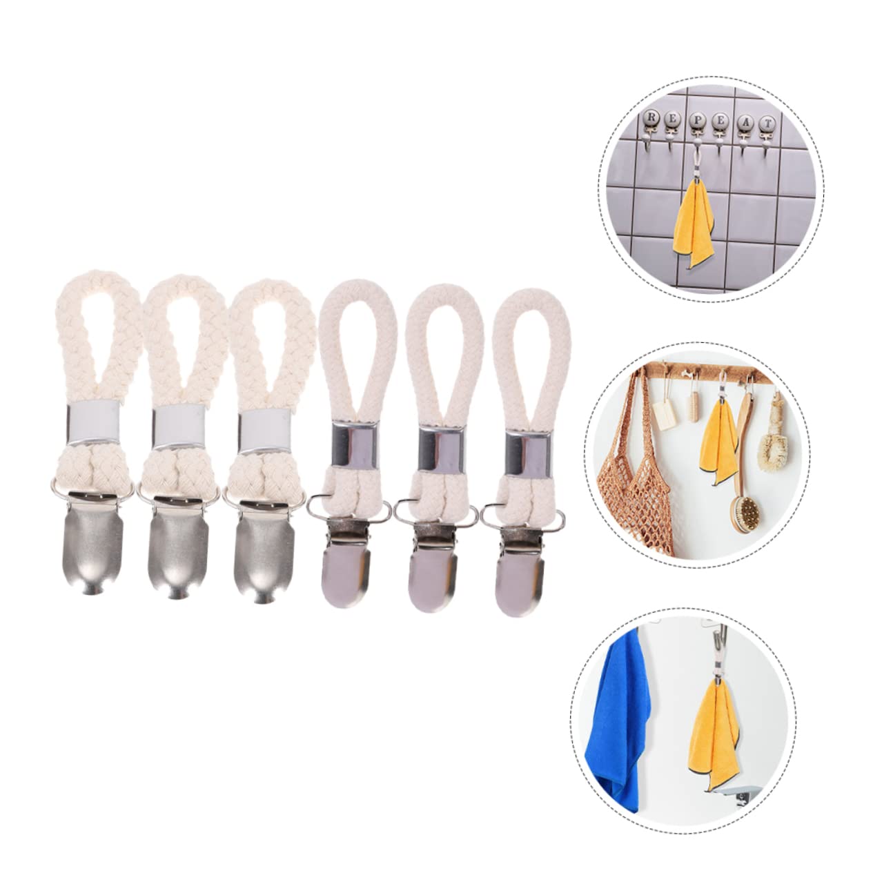 6-Pack Braided Cotton Towel Hangers - Heavy Duty Towel Clips for Kitchen, Bathroom & Laundry - Rustproof Iron Hooks for Hanging Towels, Clothes & Accessories - Perfect for Home, Dorm & RV Organization