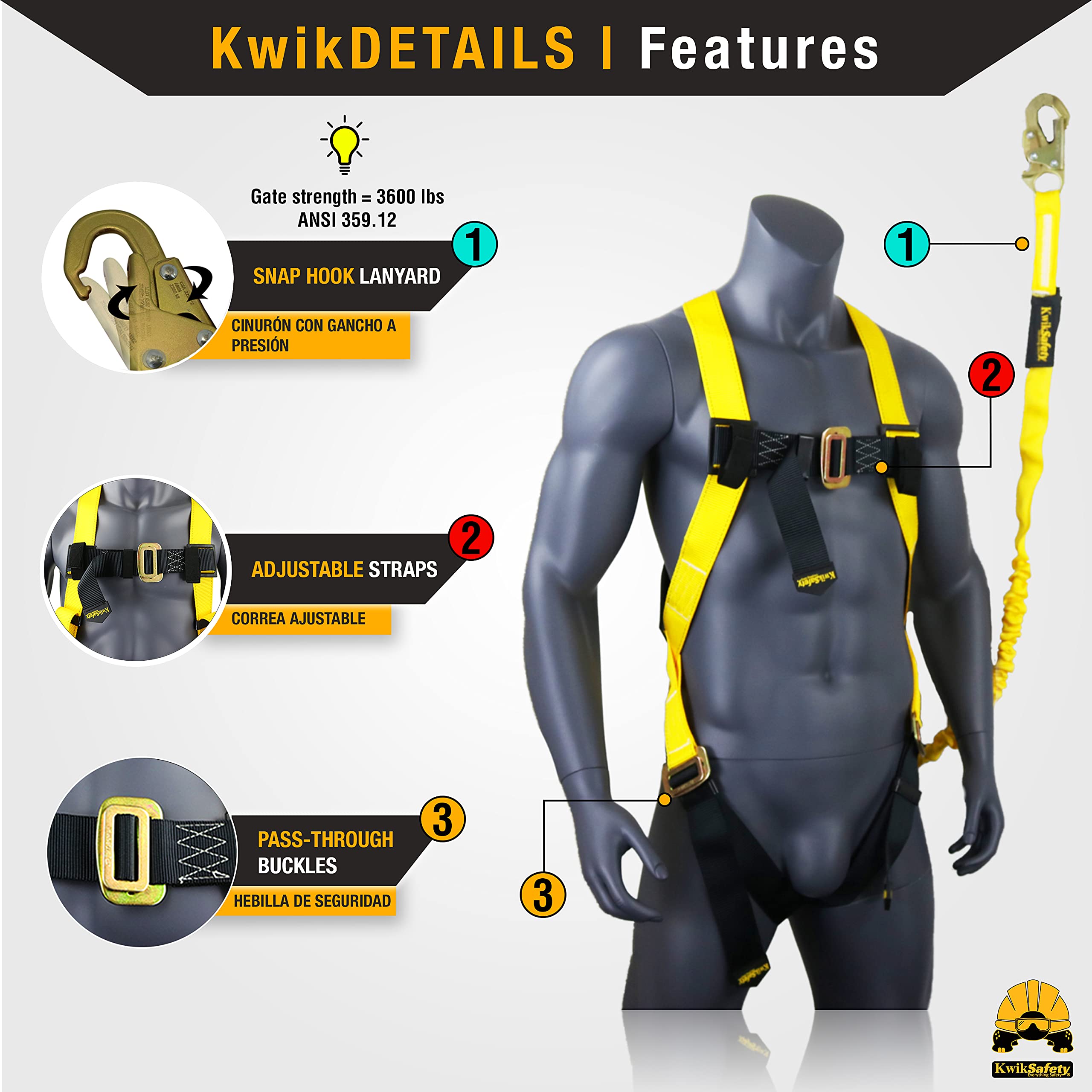 KwikSafety SCORPION Full Body Safety Harness with 6ft Lanyard - ANSI/OSHA Compliant Fall Protection Kit for Construction, Roofing & Industrial Work