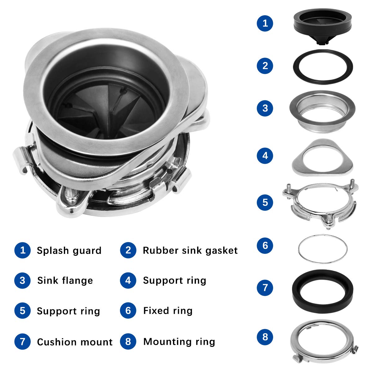 Stainless Steel 3 Bolt Mount Garbage Disposal Flange Kit with Splash Guard - Fits 3.5