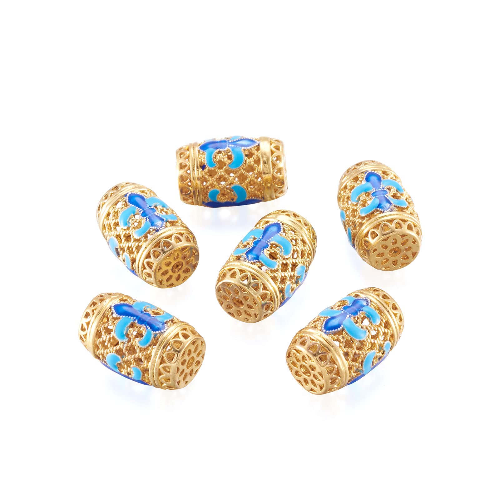 10Pcs 18x11.5mm Barrel Brass Enamel Beads - Blue Metal Flower Spacer Beads with Gold Plating for DIY Jewelry Making, Bracelets & Necklaces - Perfect for Boho, Handmade & Fashion Accessories