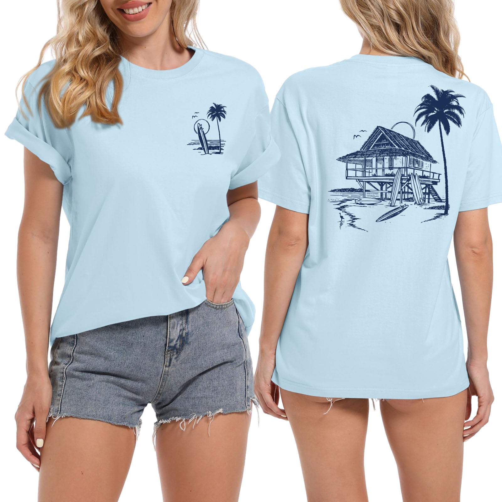 Tuislay Women's Oversized Beach Shirt - Palm Tree Graphic Hawaiian Vacation T-Shirt | Light Blue XL | Summer Casual Wear, Tropical Getaway, Poolside Relaxation