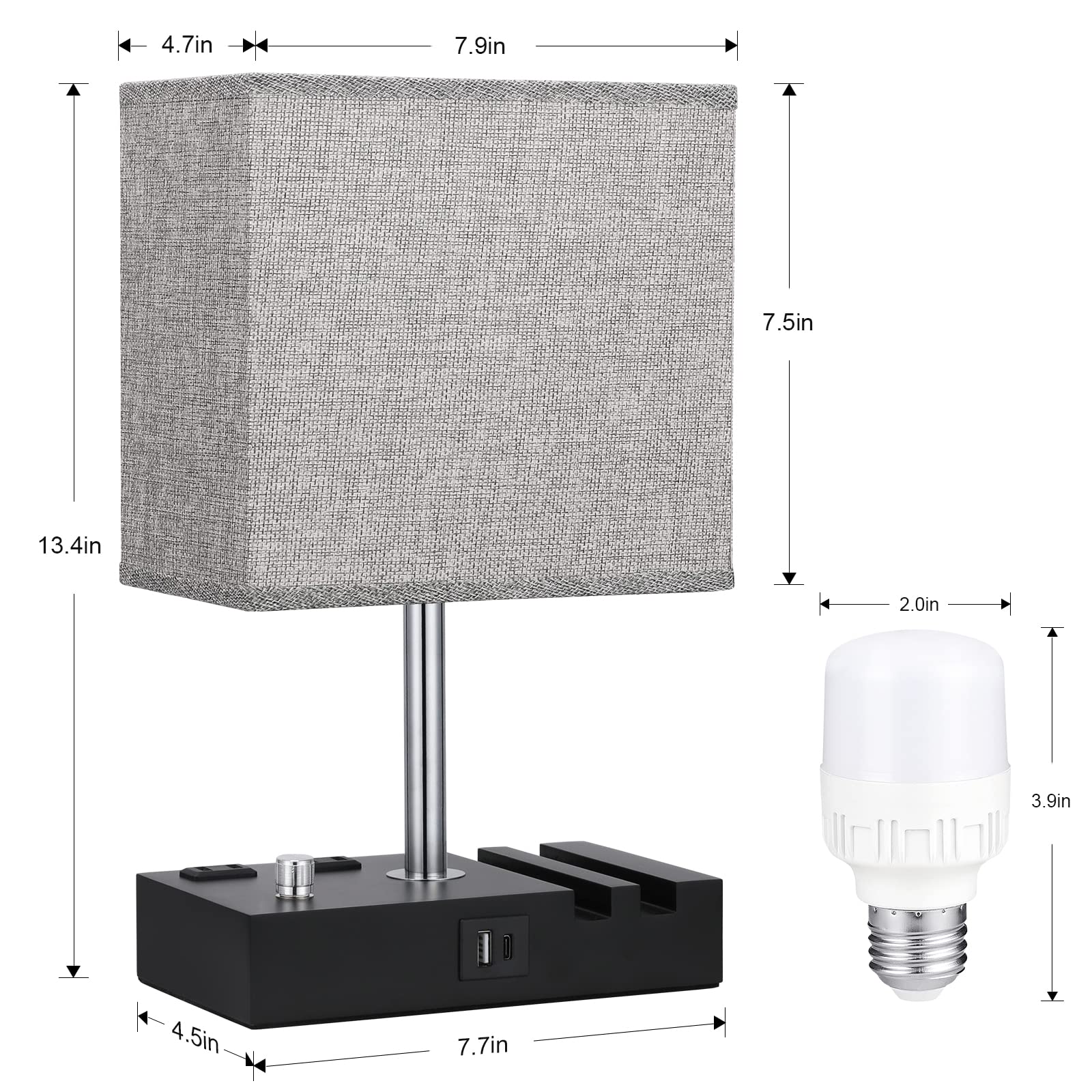 Dimmable Nightstand Lamp with USB C Ports & Charging Outlets - Wooden Bedside Table Lamp for Bedroom, Living Room & Office - Includes LED Bulb & Phone Stand (Grey) - Perfect for Reading, Charging Devices & Home Decor