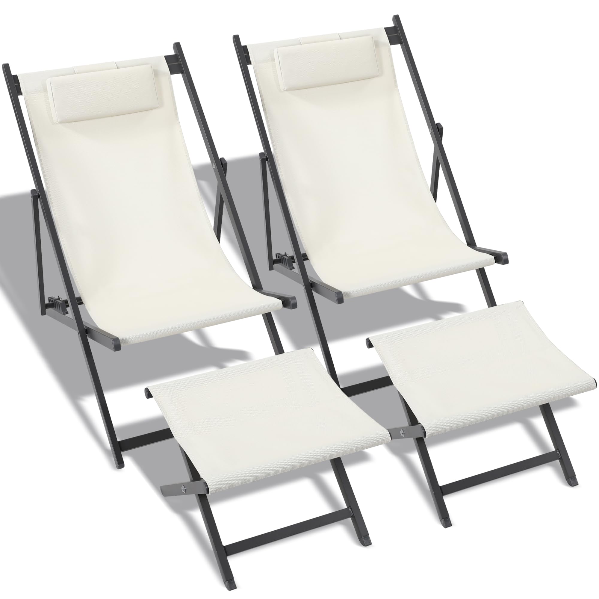 Set of 2 Outdoor Patio Sling Chairs with Matching Ottomans - Lightweight Foldable Aluminum Frame - Perfect for Deck, Poolside or Beach Relaxation - Beige - Ideal for Backyard, Garden and Vacation Homes