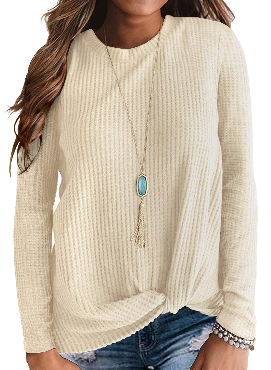 Neineiwu Women's Casual Long Sleeve Twist Knot Waffle Knit Shirt - Loose Blouse Top for Fall & Winter | Cute Office Wear & Weekend Outfits