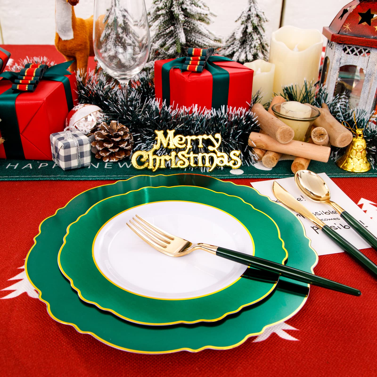 WDF 30-Pack Gold Christmas Plates Disposable with Green Handle - Elegant Baroque Plastic Dinnerware Set for Holiday Parties, Family Gatherings & Festive Celebrations
