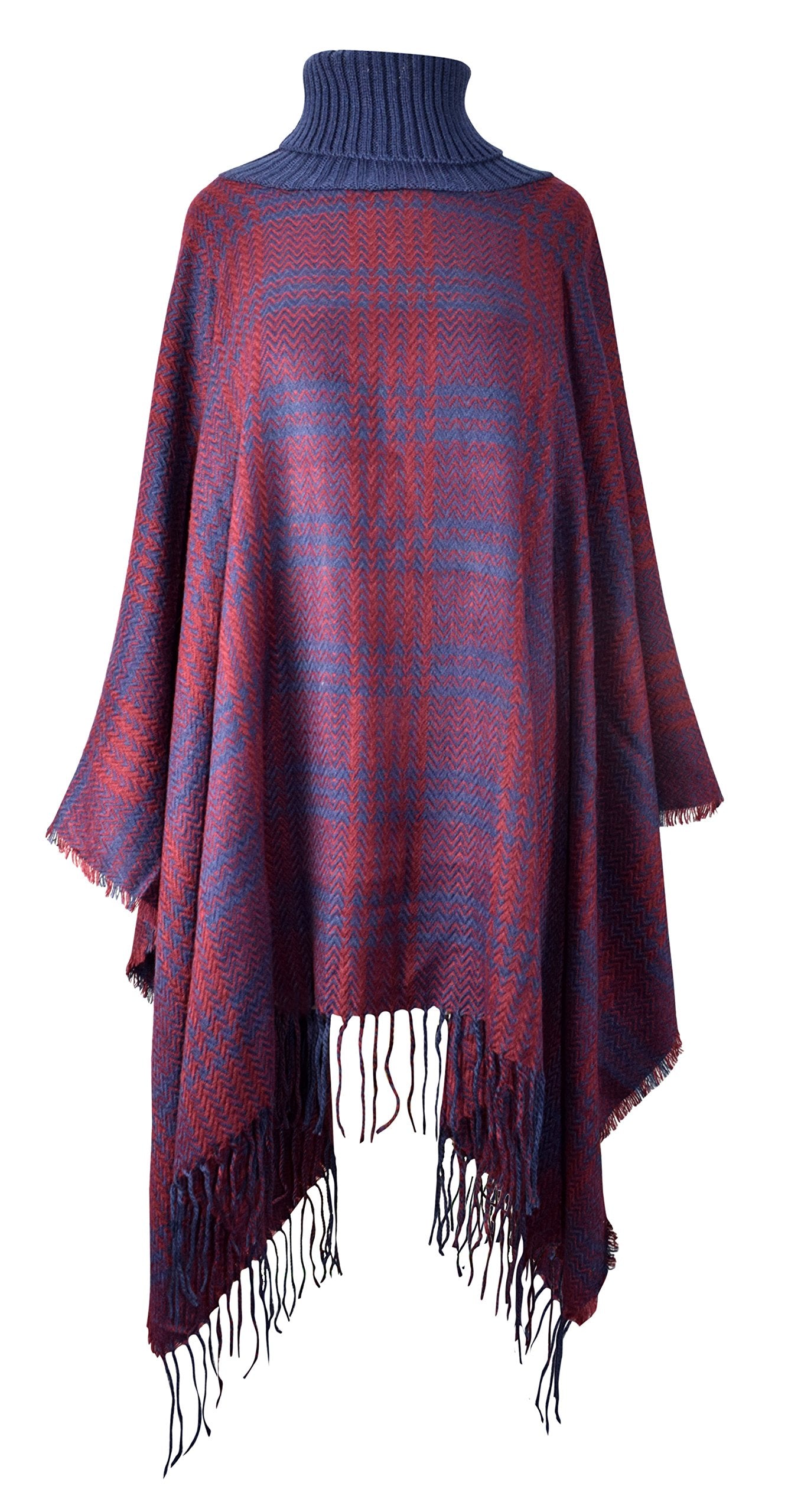 Women's Checkered Turtle Neck Winter Poncho Sweater with Fringe - Cozy Oversized Pullover for Christmas, Holiday Parties & Casual Outings