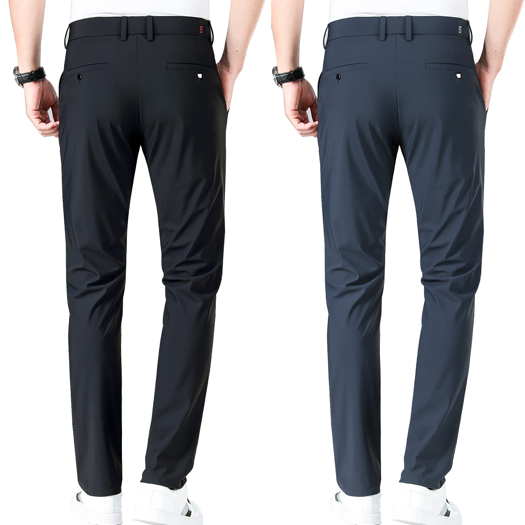 LUSHENUNI Men's Slim Fit High Stretch Golf Pants - Breathable Ice Silk Dress Pants with Adjustable Waistband for Golfing, Office & Casual Wear