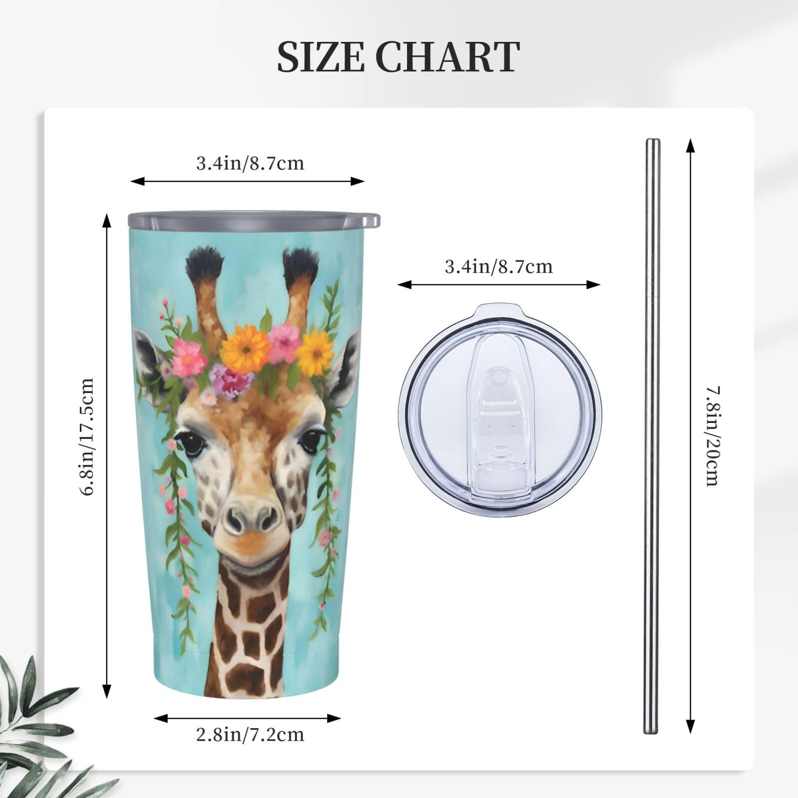 20 Oz Stainless Steel Vacuum Insulated Tumbler with Lid & Straw - Giraffe Floral Design for Hot & Cold Drinks - Perfect Travel Mug for Coffee, Tea, Water - Ideal Gift for Mom, Dad, Office, Gym & Outdoor Activities