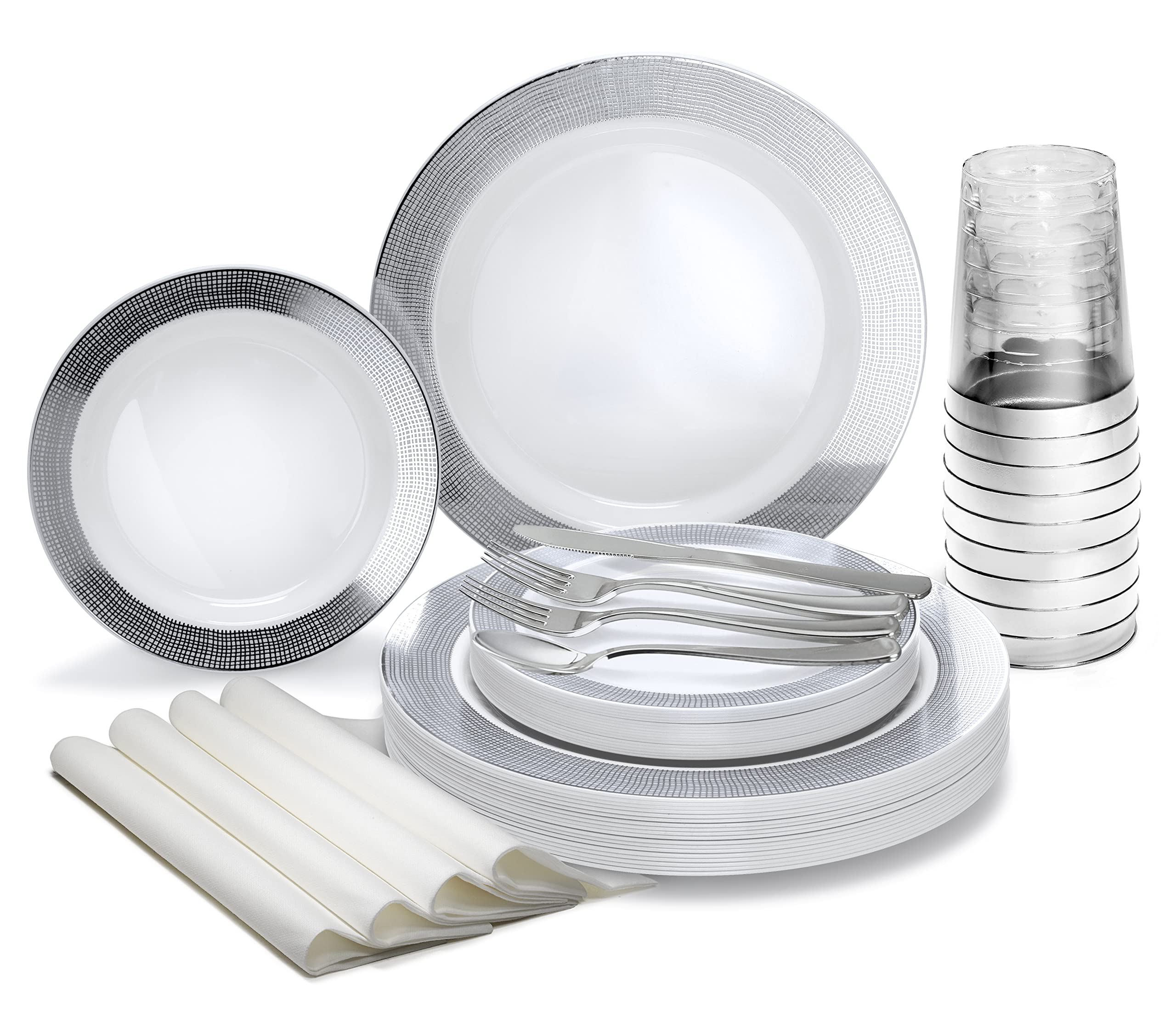 640-Piece Heavyweight Disposable Plastic Plate Set for Weddings & Parties - 80 x 10.5'' Dinner Plates, 80 x 7.5'' Dessert Plates, Silverware, Cups & Linen-Like Napkins (Linen White & Silver) - Perfect for Large Gatherings, Bridal Showers & Catering Events