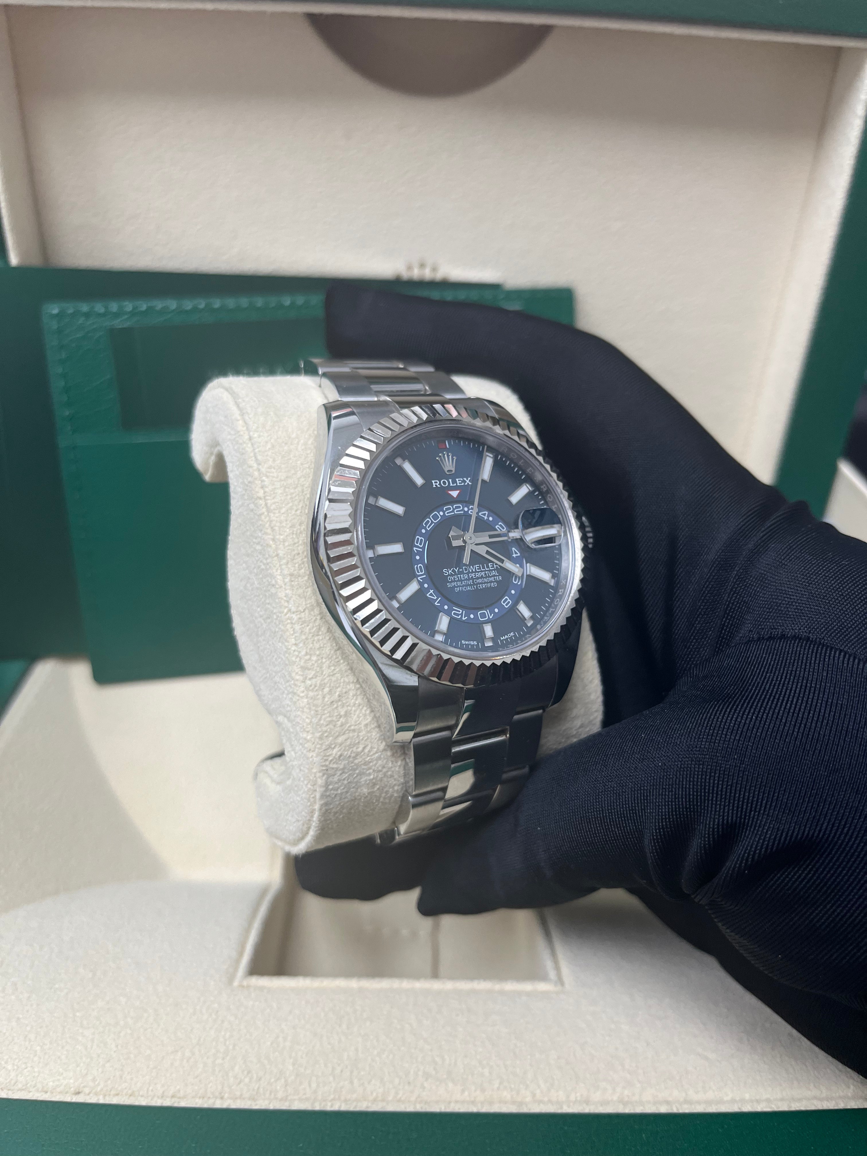 Rolex Sky-Dweller White Rolesor Blue Index Dial Oyster Bracelet Ref 326934 - Luxury Automatic Watch for Travel & Business Professionals