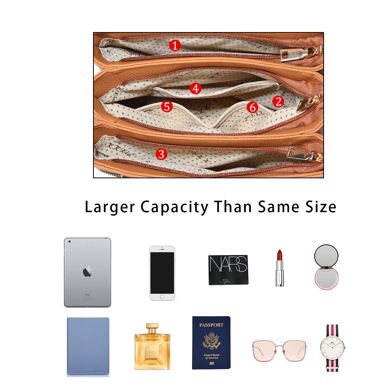 KKXIU Women's Leather Satchel Handbag with 3 Zippered Compartments - Top Handle Shoulder Bag for Work, Travel & Daily Use