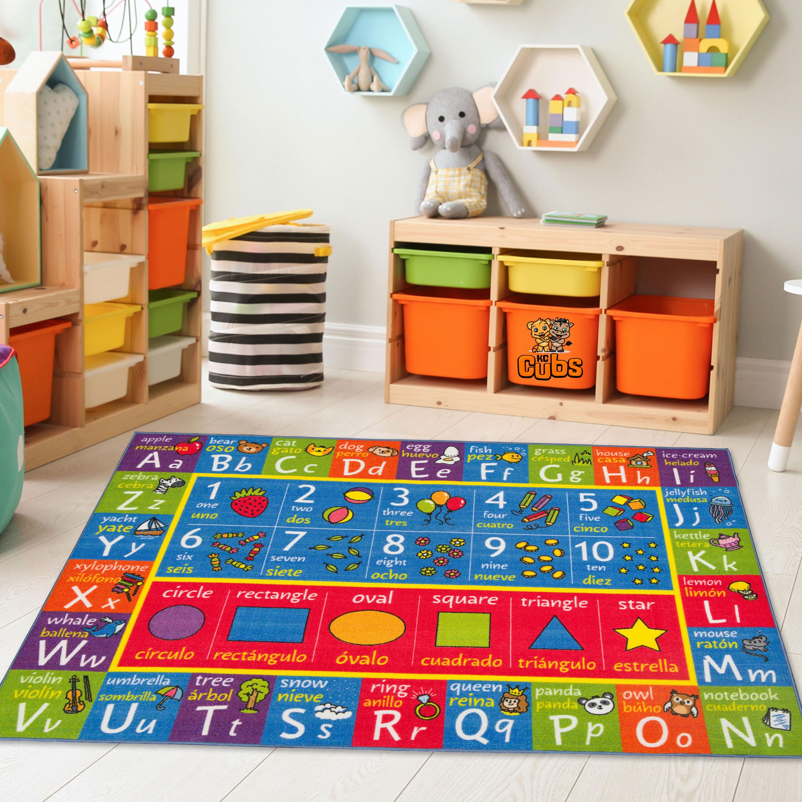 KC Cubs ABC Alphabet, Seasons, Days & Spanish Bilingual Educational Rug - Kids Learning Play Mat for Bedroom, Classroom & Playroom - Perfect for Toddler Activities & Early Childhood Education