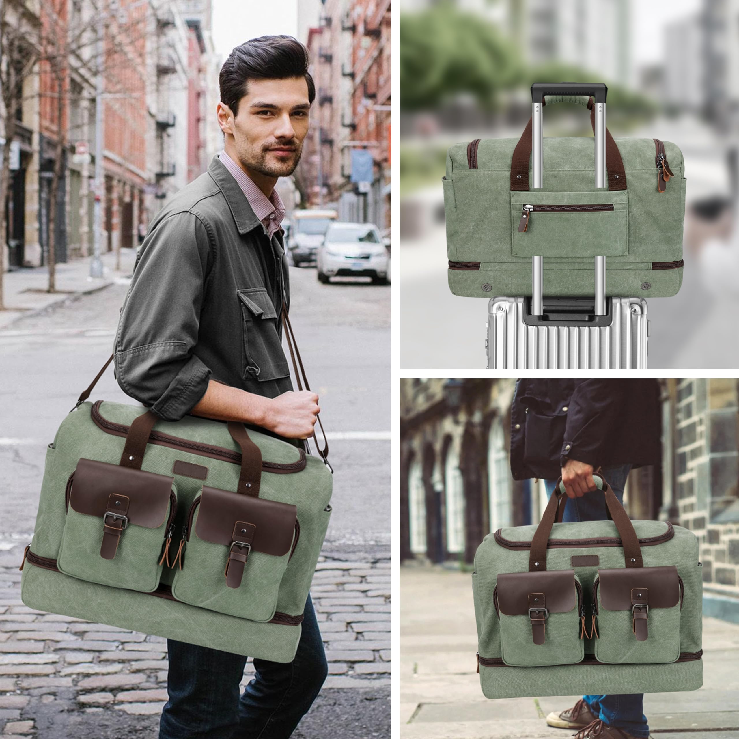 Large Capacity Waterproof Canvas & Genuine Leather Travel Duffle Bag with Shoe Compartment - Vintage Weekender Overnight Carry-On for Gym, Business Trips & Weekend Getaways