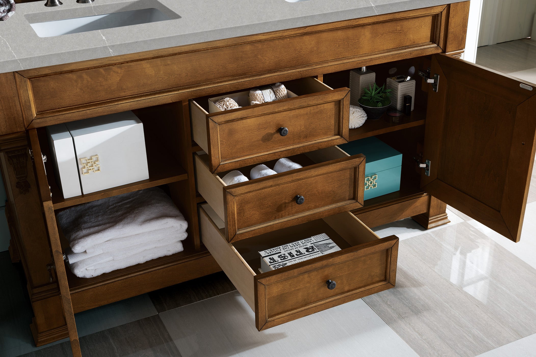 Brookfield 60-Inch Double Vanity Bathroom Sink with Country Oak Cabinets & 3CM Eternal Serena Quartz Countertop - Perfect for Master Bathrooms and Luxury Home Renovations