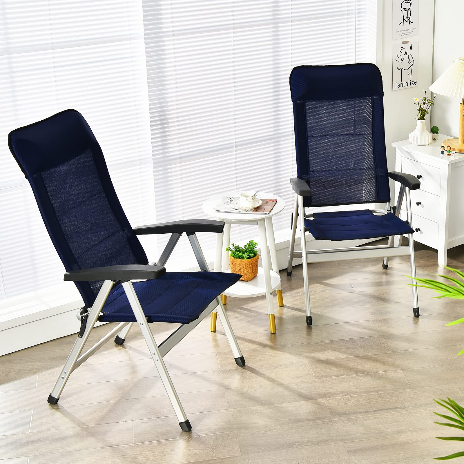 Giantex Set of 4 Folding Patio Chairs - Adjustable High Back Recliner with Headrest & Armrests, 7-Level Camping Chairs with Safety Lock for Outdoor, Lawn, Porch & Balcony - Perfect for Backyard BBQs, Poolside Relaxing & Garden Parties (Blue)