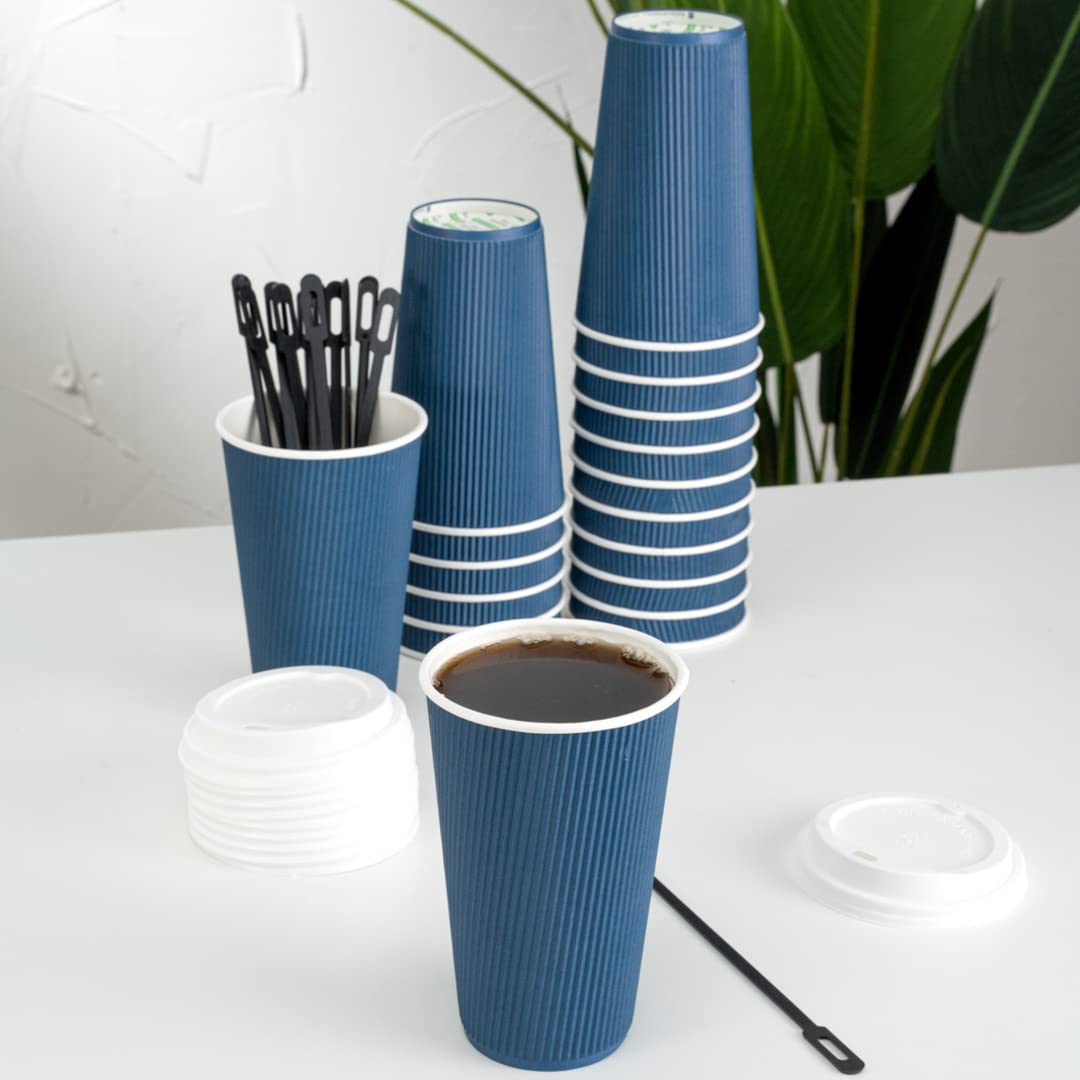 Restaurantware 16oz Insulated Coffee Cups with Lids - 200 Count Ripple Wall Hot Cups, Leakproof & Non-Slip, Midnight Blue Disposable Paper Cups for Coffee, Tea, Hot Cocoa & Lattes - Perfect for Cafes, Offices & Catering Events
