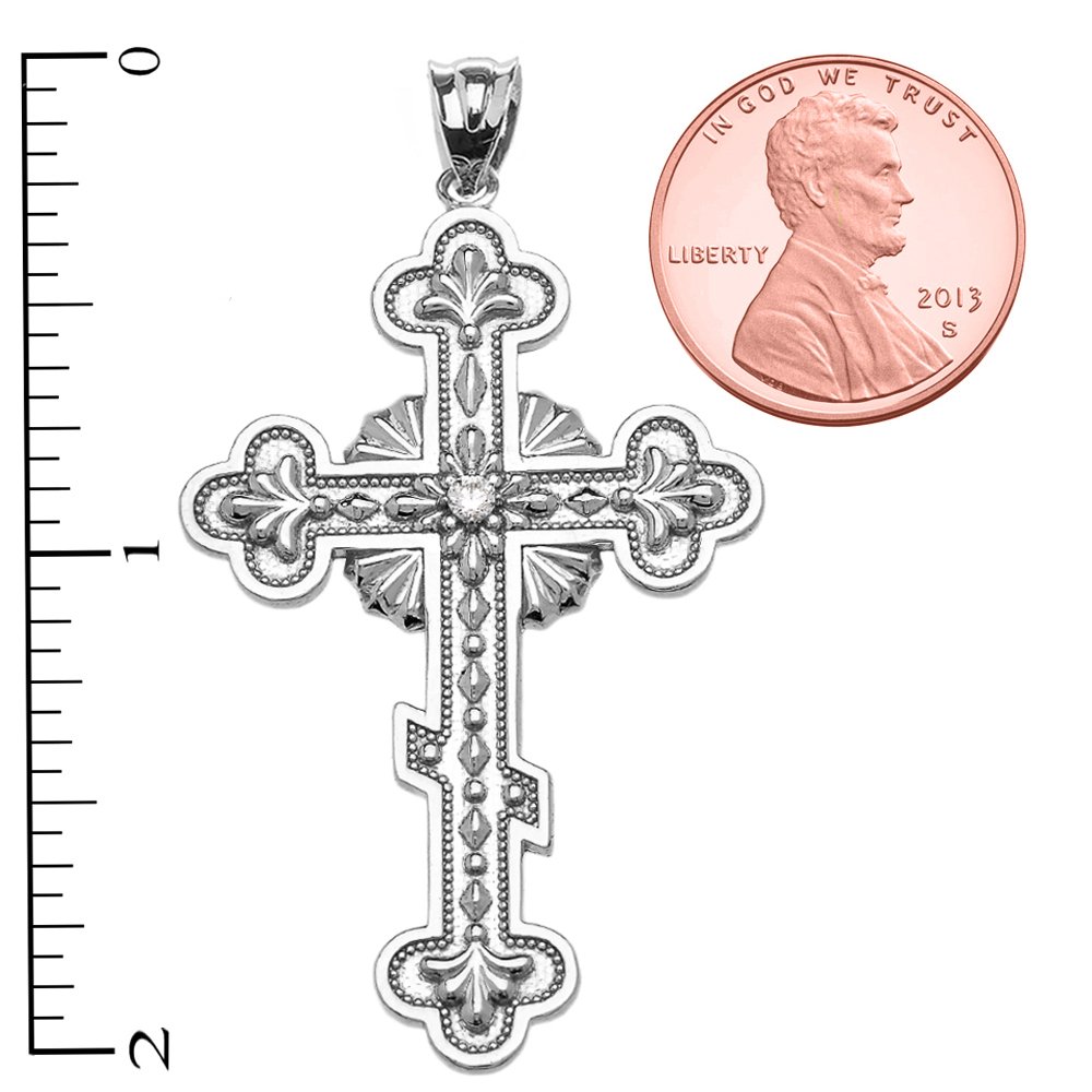 Elegant Sterling Silver Eastern Orthodox Cross Pendant Necklace with Solitaire Diamond - Perfect for Religious Occasions, Baptisms & Spiritual Gifts
