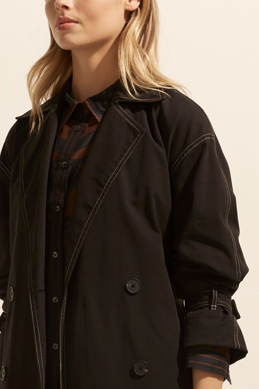 Agent Black Contrast Stitch Trench Coat for Women - Stylish Waterproof Long Coat with Belt - Perfect for Office, Travel & Fall Fashion