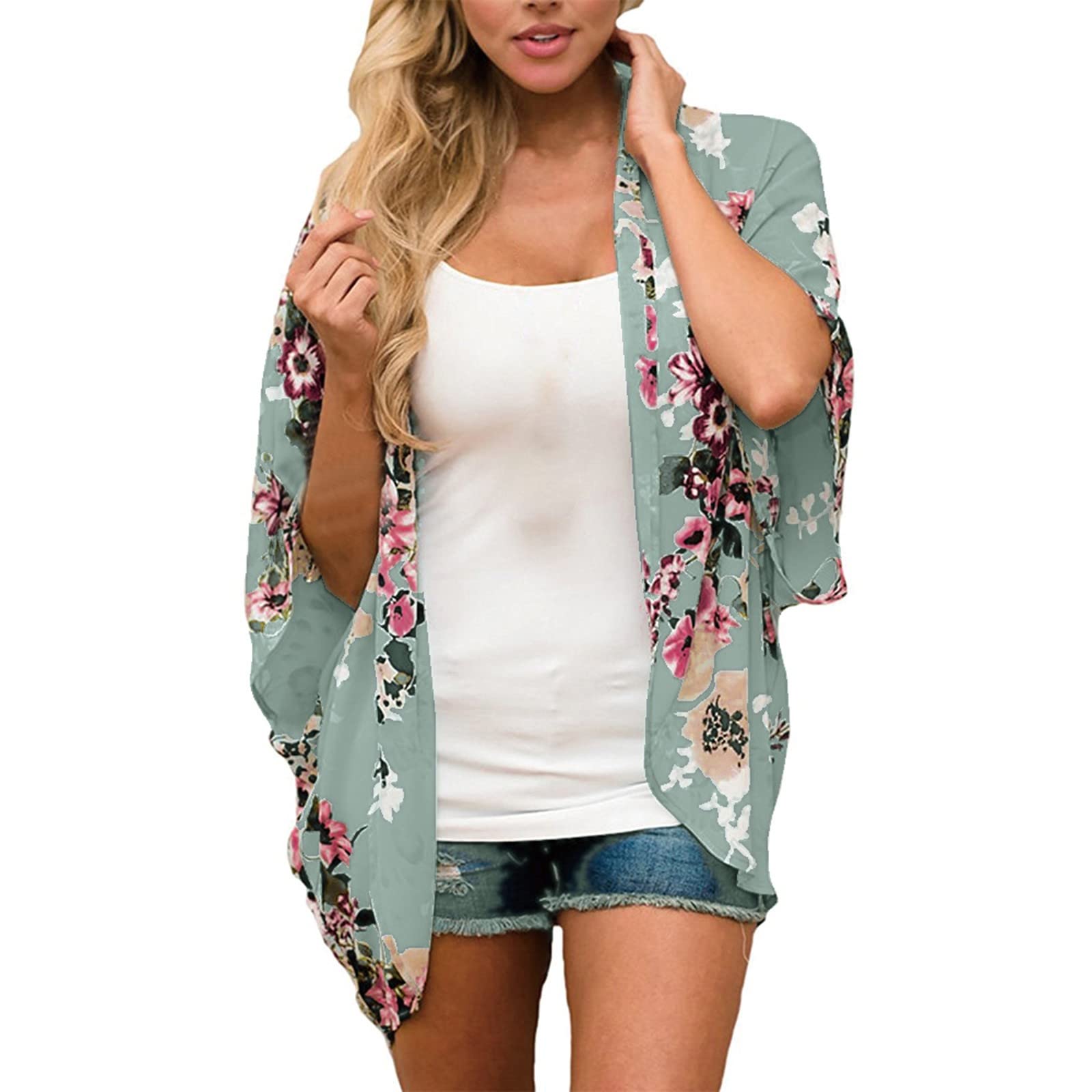 Plus Size Women's Lightweight Summer Cardigan - Open Front 3/4 Sleeve Kimono Cover Up for Casual Wear, Beach Outfits & Layering